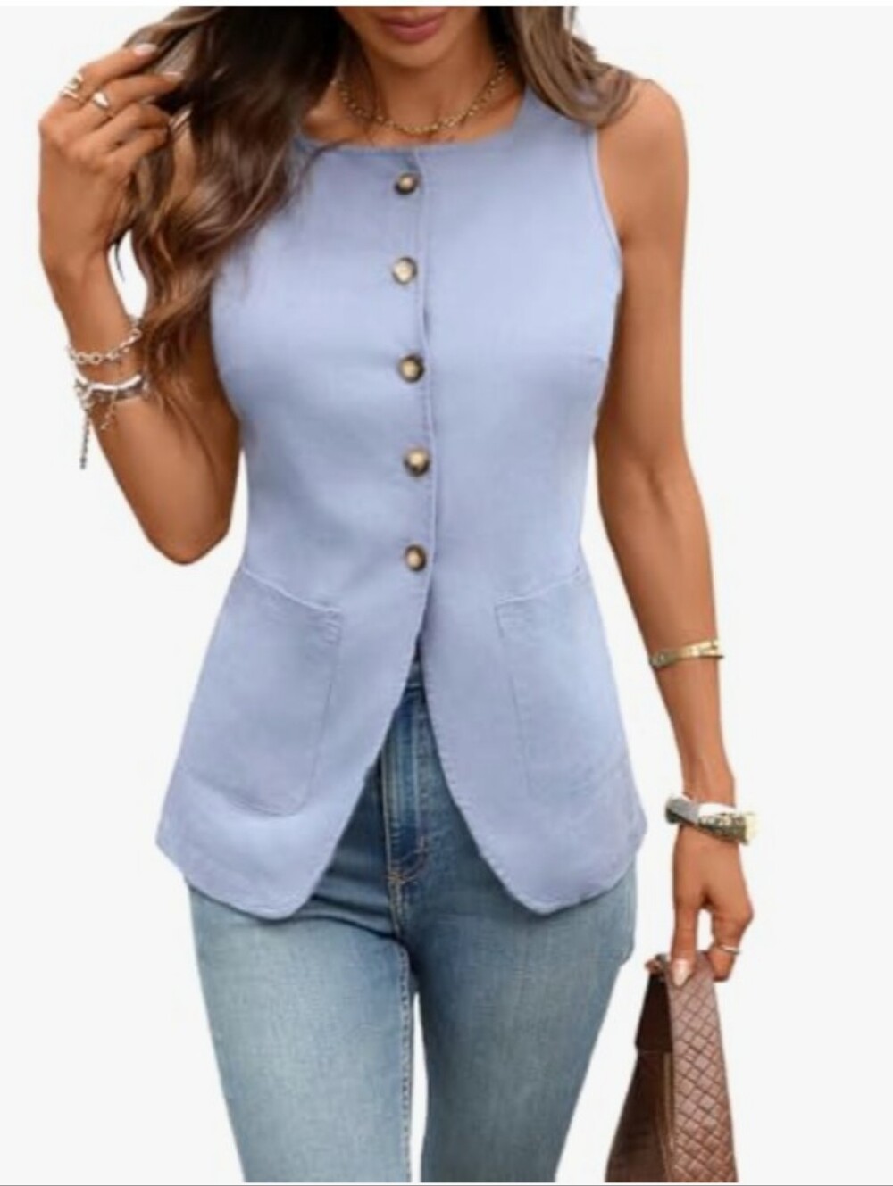 Ring Powder Blue Button-Front Sleeveless Vest Tank Linen Blend